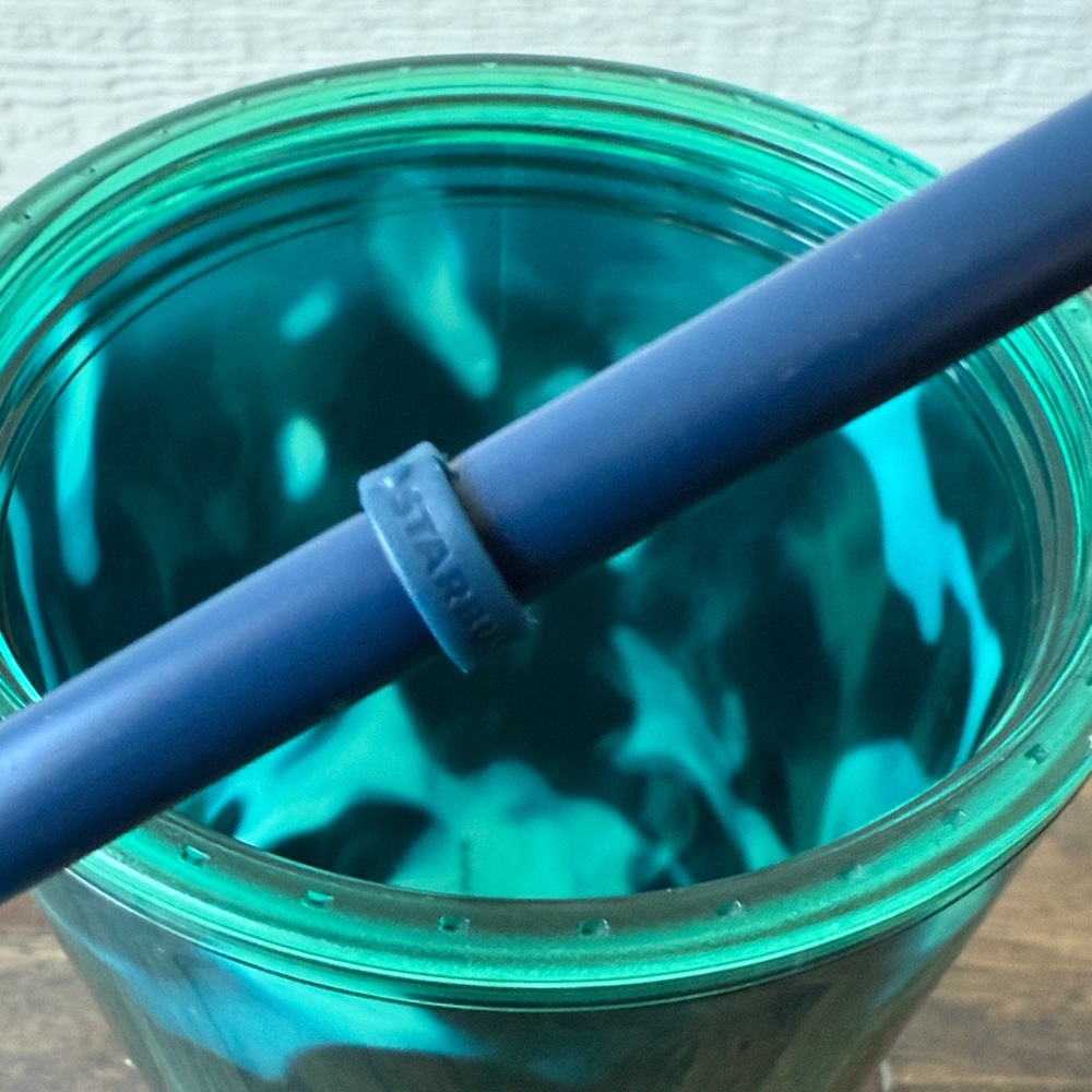 Starbucks Blue Green Teal tortoise tie dye watercolor 24 oz Tumbler with Straw - Picture 11 of 11
